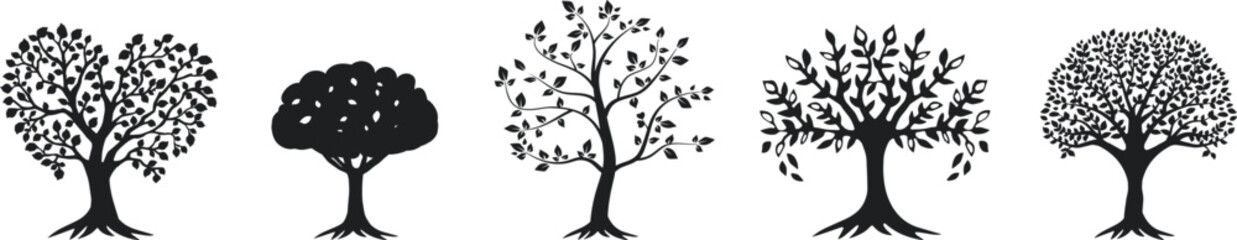 tree silhouette with leaves and root vector. heart tree, circle tree vector