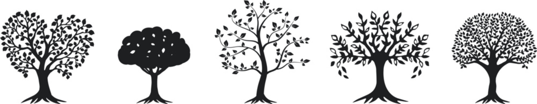 tree silhouette with leaves and root vector. heart tree, circle tree vector