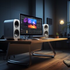 Naklejka premium a computer on a table with speakers