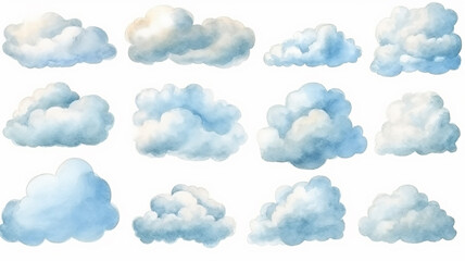 a set of watercolor painted clouds on a white background isolated. Generative AI - obrazy, fototapety, plakaty