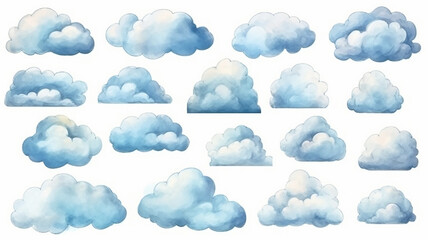 Fototapeta premium a set of watercolor painted clouds on a white background isolated. Generative AI