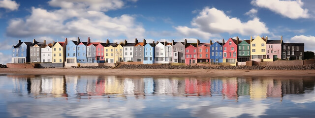 A row of colorful houses is reflected in the water landscape. Generative AI