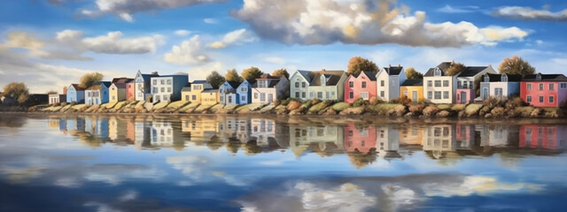 A row of colorful houses is reflected in the water landscape. Generative AI