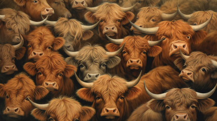 northern shaggy cows bulls texture background herd group of farm animals. Generative AI