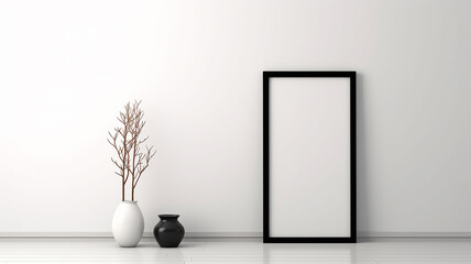 the interior is an empty wall with a thin black narrow frame inside an empty white background. Generative AI