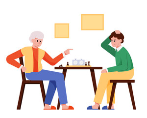 Old man sitting at table and playing table game with grandson. Senior man spending time and playing chess. Happy old age concept. Colorful vector flat illustration