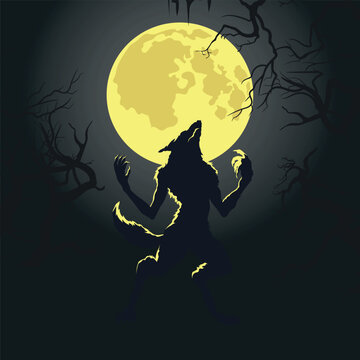 Werewolf silhouette on full moon background. Halloween monster banner. Black shape of scary beast in a dark forest