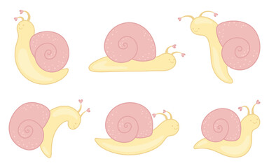 A collection of cute snails in love. Set of simple animal illustrations in kawaii style. Snails in different poses. Clipart for Valentine's Day design