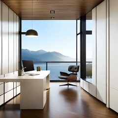 Office with a balcony view over the sea, modern home office interior, working with vacation feeling, laptop on desk, generative AI