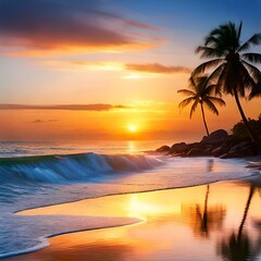 Fototapeta na wymiar Sunset on the beach with palm trees, sea in orange sunlight, generative AI