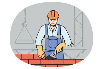 Male builder in helmet and uniform working at construction site. Man worker building house with bricks. Renovation concept. Vector illustration.