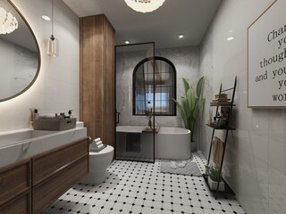 baño de casa de lujo con ducha y azulejos de diseño  - obrazy, fototapety, plakaty