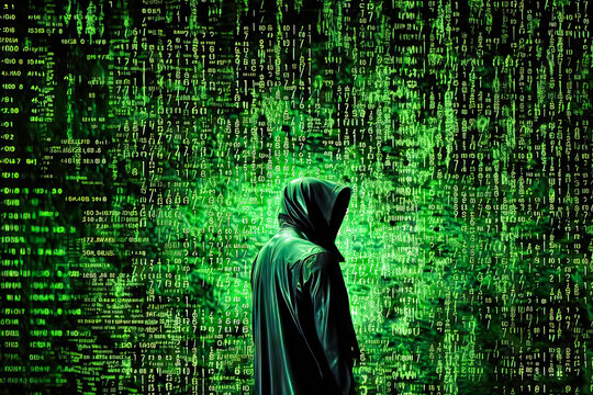Surreal image of a green number matrix background with a human in a hooded anorak from behind, made with generative ai