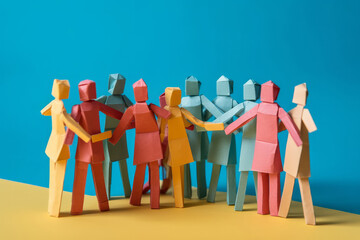 A group of paper people coming together as a team to support each other - obrazy, fototapety, plakaty