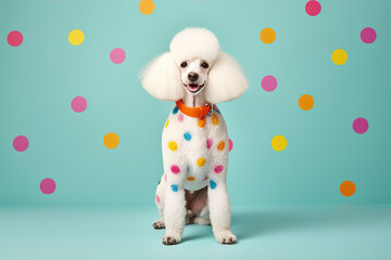 Cute white dog with colored hair. Pet, paint, hair style. Ai generative, illustration.