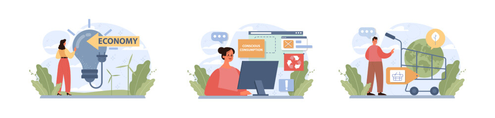 Conscious consumption set. Character with eco-friendly life-style.