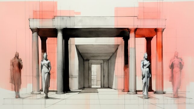 Contemporary Architecture Drawing Of Caryatides Of Acropolis With Rothko