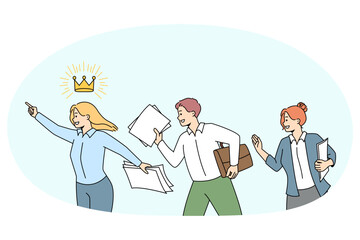 Employees following female leader reach shared business goals and success. People involved in teamwork strive for company accomplishment. Leadership. Vector illustration.