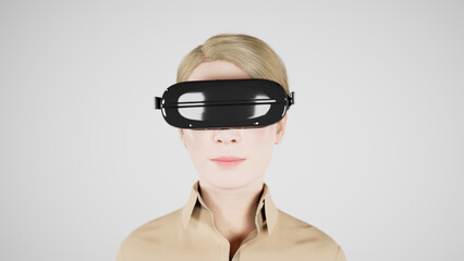 technology, online game, entertainment, virtual world in 3D simulation. millennial woman in vr glasses plays in the studio on a white background isolated, 3d render