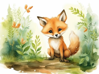 Cute watercolor fox, illustration for children