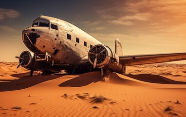 An old airplane sitting in the middle of a desert. AI