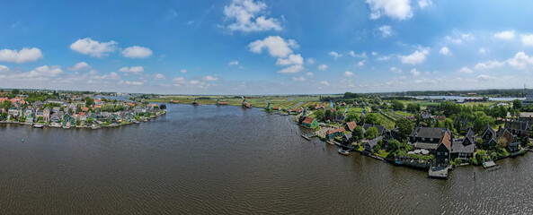 Drone view at the Windmills of Zaanse Schans near Amsterdam on Holland