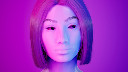 Fototapeta premium Female hyper-realistic robot or cyborg in studio with neon light. Artificial intelligence or neural network in image cybernetic girl. Digital technology concept. 3d render