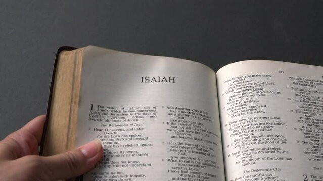 Turning bible pages, from the book of Prophets, Daniel. Close up view.