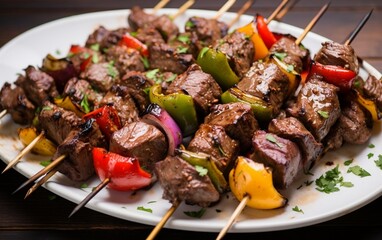 A close up of a plate of food with skewers. AI