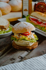 Fresh tasty healthy burger and vegetarian burger on wood table.