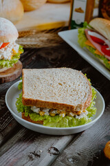 Fresh tasty healthy sandwich and vegetarian sandwich on wood table.