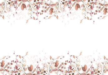 Watercolor painted seamless border on white background. Orange and pink autumn wild flowers, branches, leaves and twigs - obrazy, fototapety, plakaty