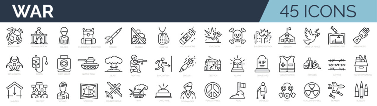 Set of 45 outline icons related to war, army, military, battle, conflict. Linear icon collection. Editable stroke. Vector illustration