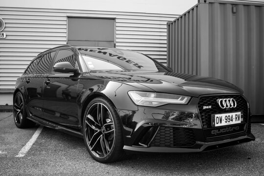 Mulhouse - France - 9 July 2023 - Front view of black Audi RS 6 car parked in the street