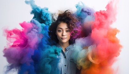 Happy Asian woman smiling in a cloud of colorful smoke and powder on a white background, having fun, colors, LGBTQ+, party, peace, inclusive, beauty, freedom. Generative AI.