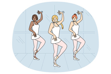 Girls in ballet dresses rehearse together indoors. Diverse ballerinas dancing performing on stage. Hobby concept. Vector illustration.