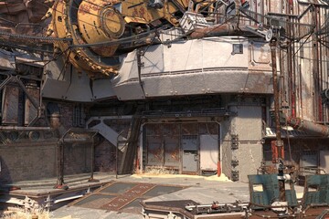 Rusty industrial Sci-fi scene in a dieselpunk style. Urban future. Abandoned futuristic factory. Photorealistic 3D illustration. Grunge Sci-fi wallpaper.