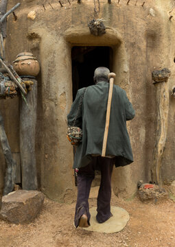 Benin, West Africa, Boukoumb&eacute;, mr kouagou maxon entering his traditional tata somba house