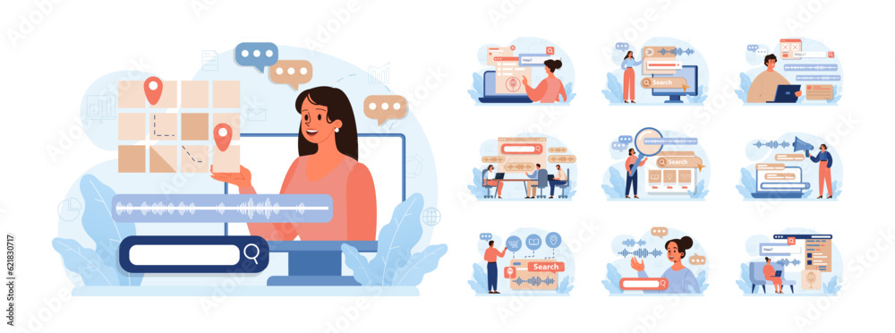 Wall mural voice search set. artificial intelligence virtual assistant. character