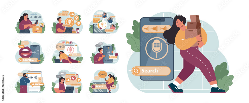 Wall mural voice search set. artificial intelligence virtual assistant. character