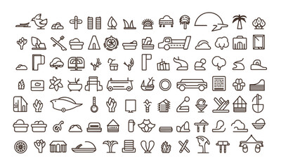 60 line-style travel and tourism web icons. Collection, vacation, trip, airplane, beach, passport, luggage, camping, hotel, summer vacations