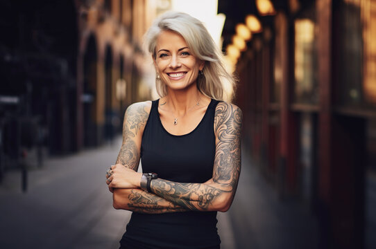 AI generated image of mature woman in the city with tattoos