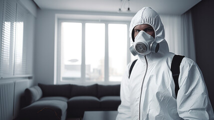 Male scientist doctor in professional respirator, glasses, latex gloves and protective suit getting ready for pandemic outbreak quarantine.