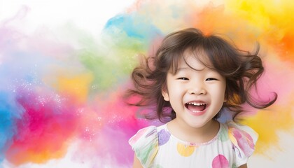 Fototapeta na wymiar Happy Asian child smiling in a cloud of colorful smoke on a white background, having fun, colors, color explosion, holi, LGBTQ+, party, peace, inclusive, beauty, freedom. Generative AI.