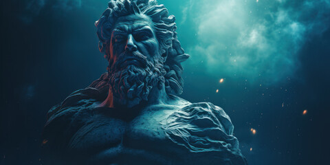 Poseidon bust sculpture, Ancient Greek god of sea, earthquakes, floods, drought and horses. Generative AI