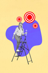 Collage artwork picture of purposeful lady walking ladder up getting target isolated creative background