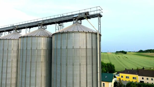 Agricultural Silos Building Exterior For Storage And Drying Of Grains - drone shot