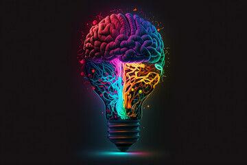 Futuristic AI Light bulb with human brainin neon colors. Inspiration, solution, future concept. Ai generated