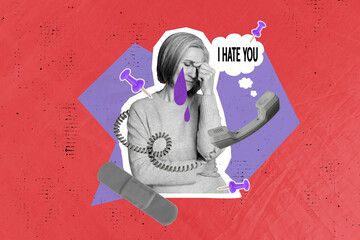 Creative illustration collage calling telephone communication old woman receive call operator hate...