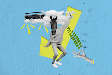 Creative composite collage template of funny headless surreal horse animal dancing listen cassette...